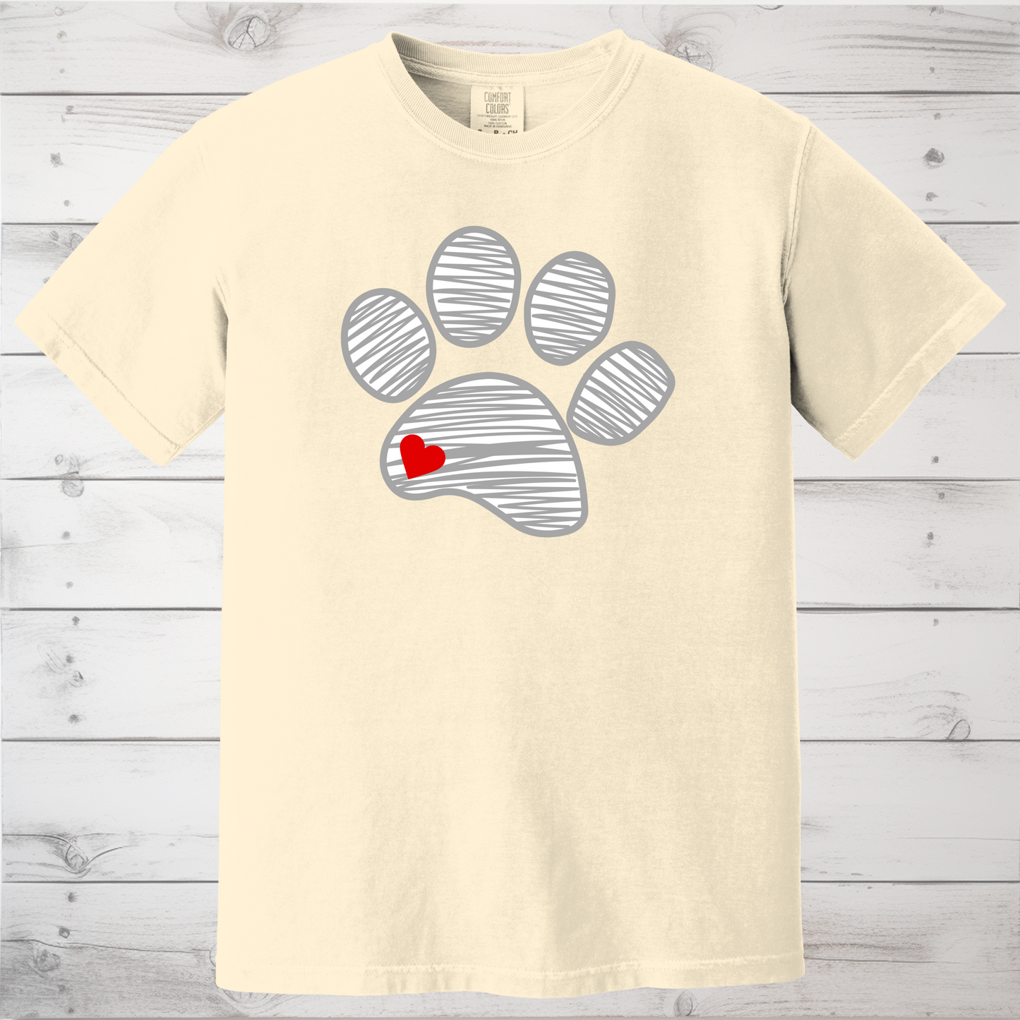 Sketched Paw Print Heart T-Shirt – Minimalist Dog Lover Tee with Cute Red Heart Design