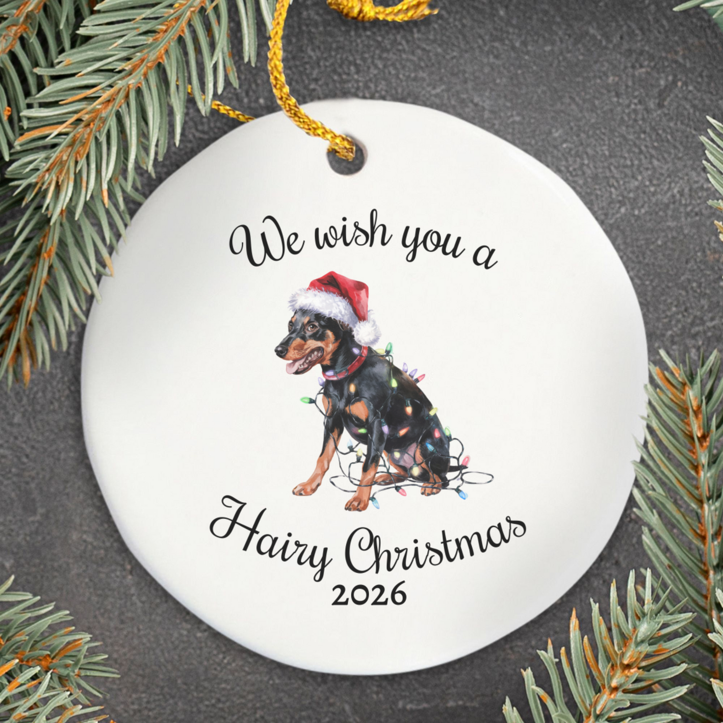 Christmas Miniature Pinscher Ornament, Christmas Lights Dog Keepsake
