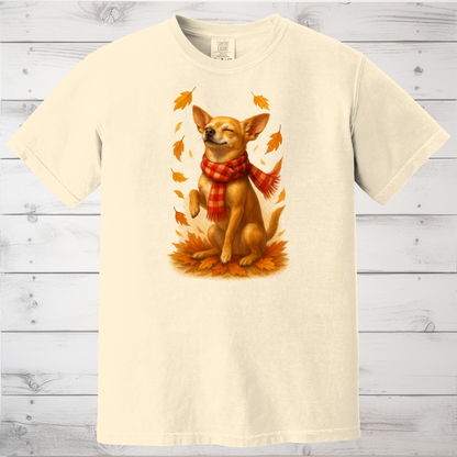 Chihuahua in Autumn Leaves T-shirt, Fall Dog Sweatshirt, Pet Lover Gift, Cozy Canine Apparel, Chihuahua in Scarf, Dog Mom Present