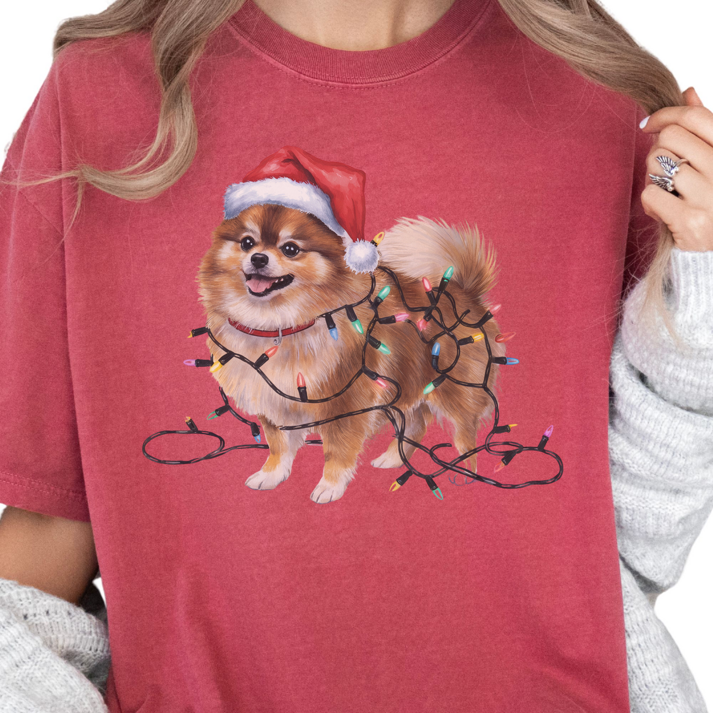 Pomeranian Christmas Lights Shirt, Festive Holiday Tee for Fluffy Dog Lovers