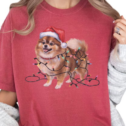 Pomeranian Christmas Lights Shirt, Festive Holiday Tee for Fluffy Dog Lovers
