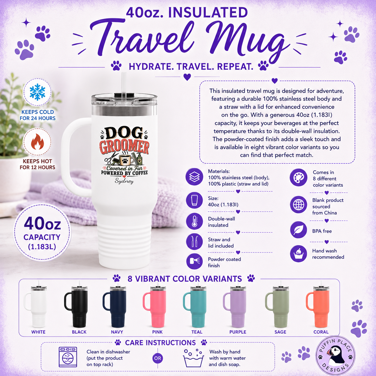 Dog Groomer Tumbler, 40oz Travel Mug, Pet Groomer Gift, Dog Grooming Coffee Cup