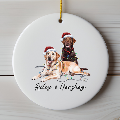 Chocolate and Yellow Labradors Ornament, Personalized Dog Christmas Decor