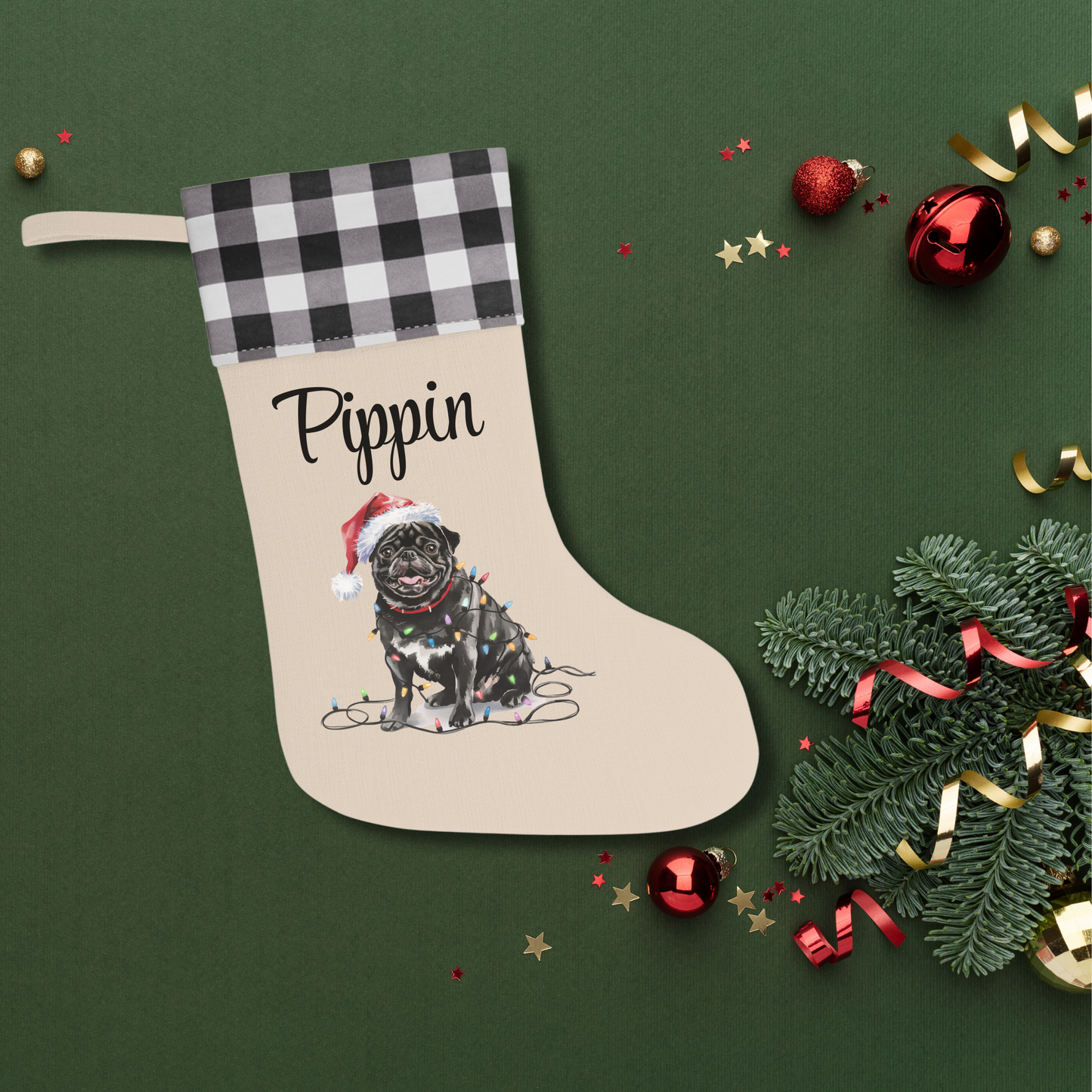 Personalized Black Pug Christmas Stocking, Holiday Decor Gift for Pet Lovers