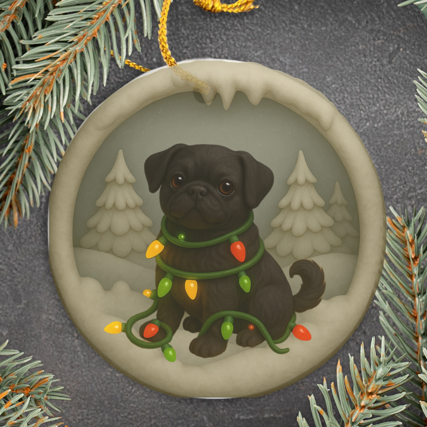 Personalized Black Pug Christmas Ornament, 3D Clay-Style Dog Keepsake with Lights