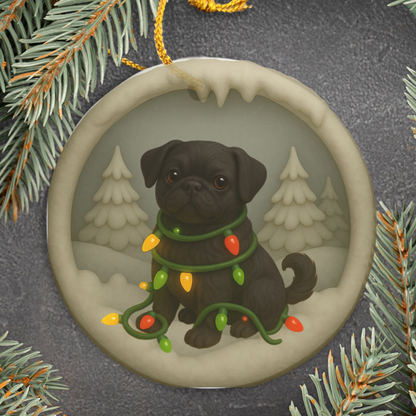 Personalized Black Pug Christmas Ornament, 3D Clay-Style Dog Keepsake with Lights