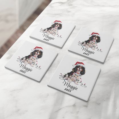 Personalized Tri-Color Cavalier King Charles Spaniel Christmas Coaster Set