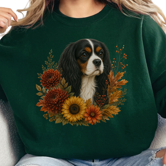 Tricolor Cavalier Autumn Floral Sweatshirt Cozy Fall Dog Lover Gift Botanical Crewneck Pullover