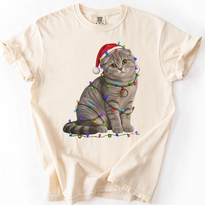 Scottish Fold Christmas Lights Shirt, Comfort Colors Holiday Cat Lover Tee