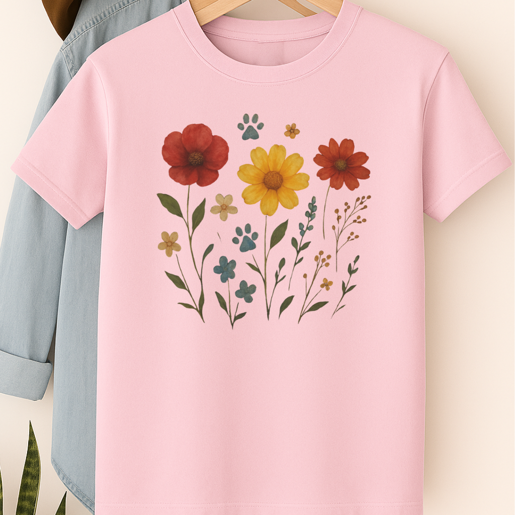 Wildflower Paw Print Shirt Dog Mom Boho Floral Tee Nature-Inspired Pet Lover Gift Watercolor Garden Dog T-Shirt Dog Mothers Day T-Shirt