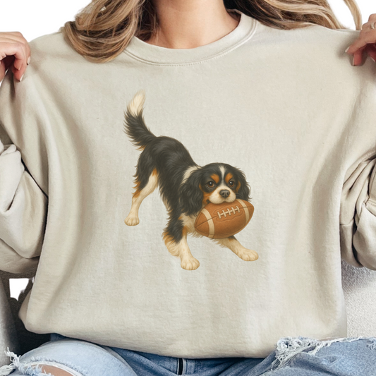 Tricolor Cavalier King Charles Spaniel Football Sweatshirt, Cute Game Day Crewneck for Pet Owners