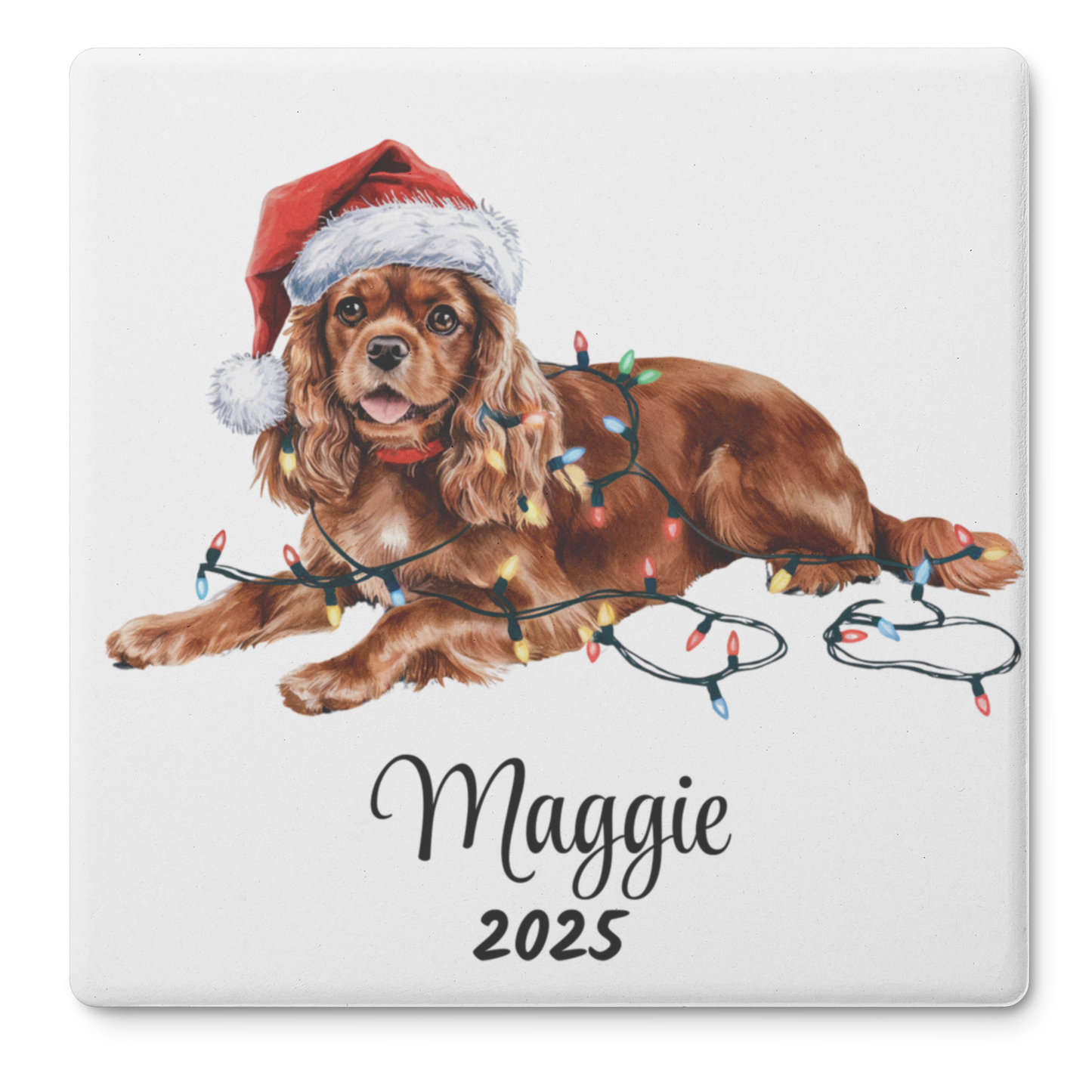 Personalized Ruby Cavalier King Charles Spaniel Christmas Coaster Set