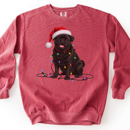 Black Pug Christmas Lights Sweatshirt, Festive Dog Lover Holiday Sweater