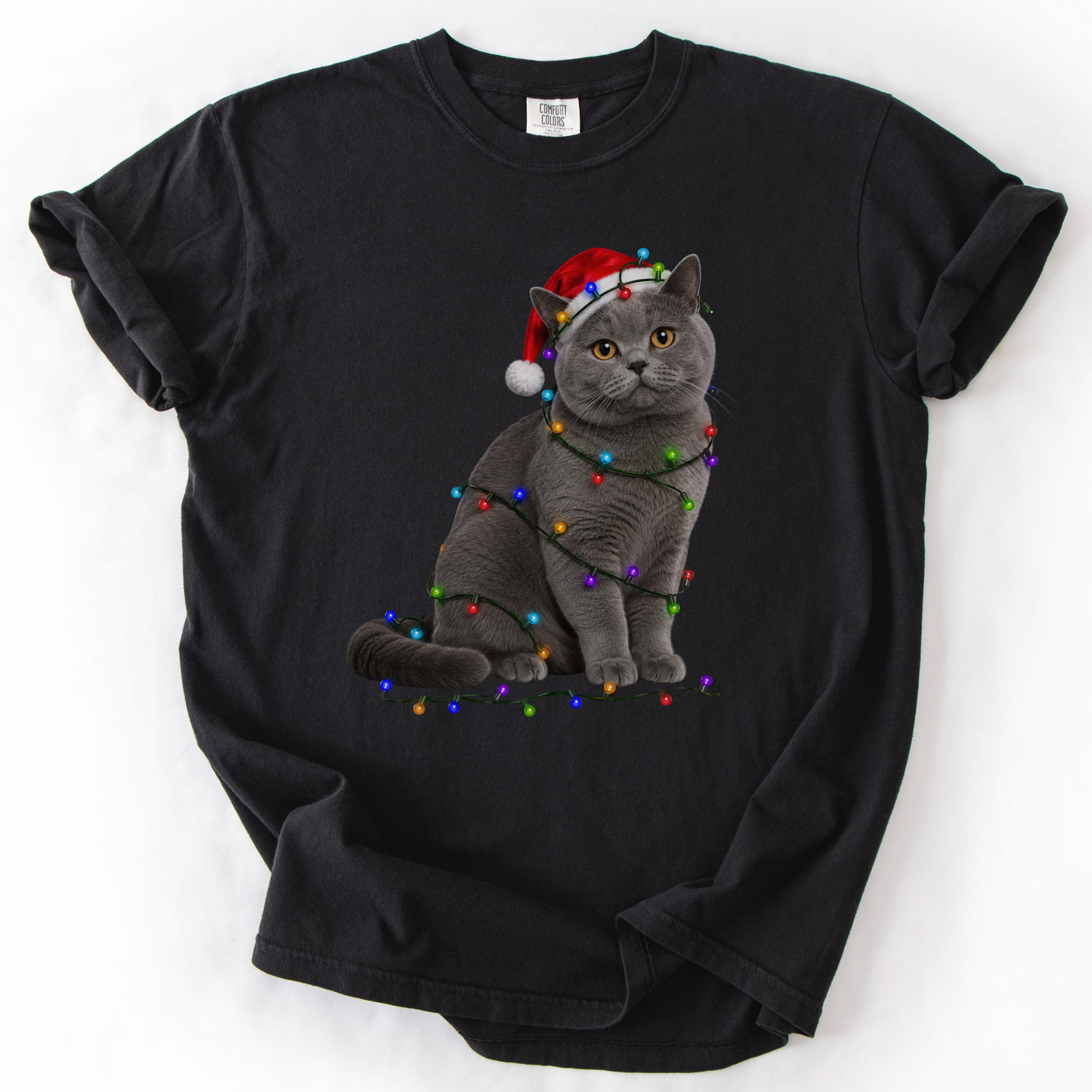 British Shorthair Christmas Lights Shirt, Comfort Colors Holiday Cat Lover Tee