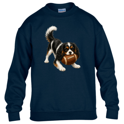 Tricolor Cavalier King Charles Spaniel Football Youth Sweatshirt, Kids Dog Lover Football Crewneck