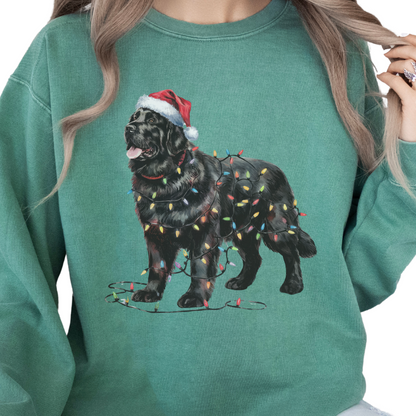 Newfoundland Dog Christmas Lights Sweatshirt, Festive Black Newf Sweater