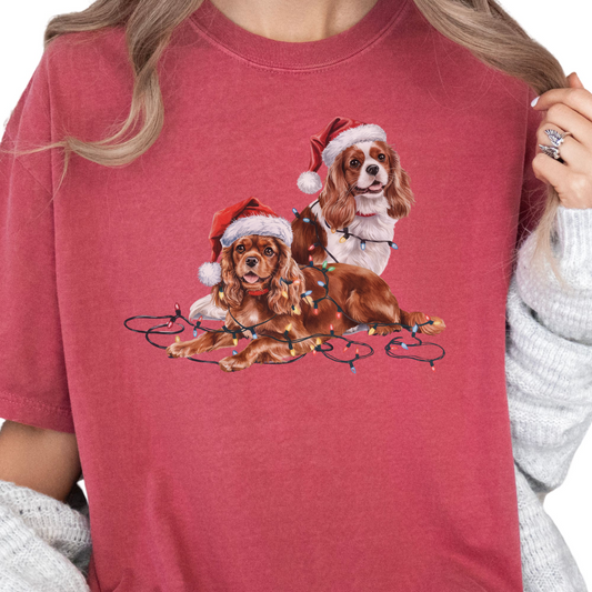 Cavalier King Charles Spaniel Christmas Shirt, Ruby and Blenheim Spaniel Gift, Dog Santa Hat Tee, Festive Holiday Dog Art
