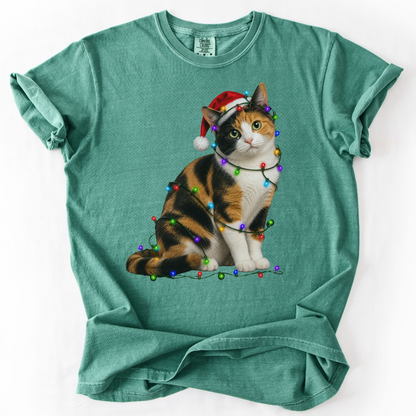 Calico Cat Christmas Lights Shirt, Comfort Colors Holiday Cat Lover Tee