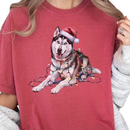 Siberian Husky Christmas Lights Shirt, Festive Holiday Tee for Husky Lovers