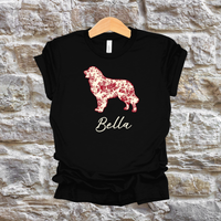 Load image into Gallery viewer, Custom Dog Breed T-Shirt with Name, Personalized Pet Lover Gift, Red Floral Toile Silhouette Dog Tee, Dog Mom Shirt
