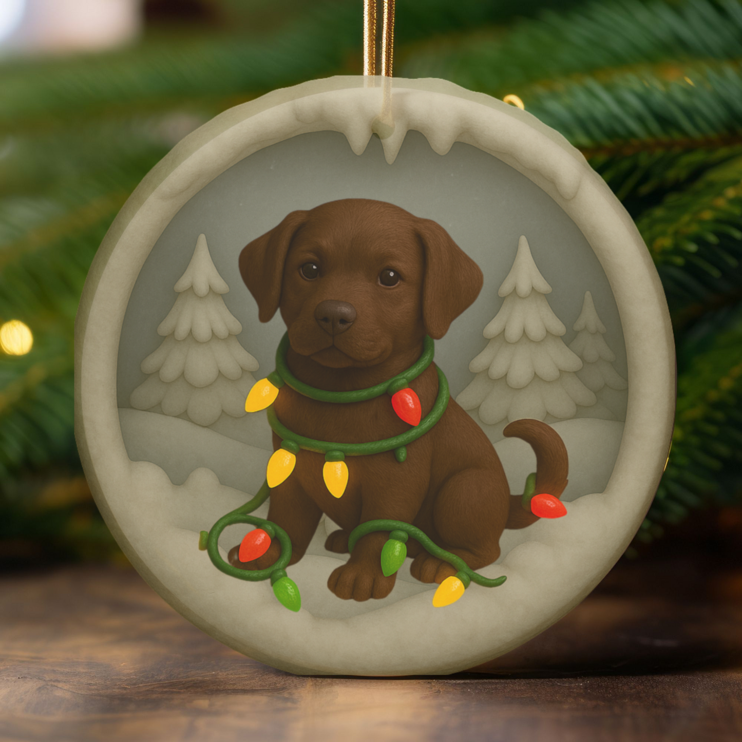 Personalized Chocolate Lab Christmas Ornament, Custom Labrador Retriever with Holiday Lights Keepsake