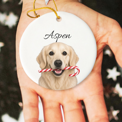 Personalized English Cream Golden Retriever Candy Cane Ornament