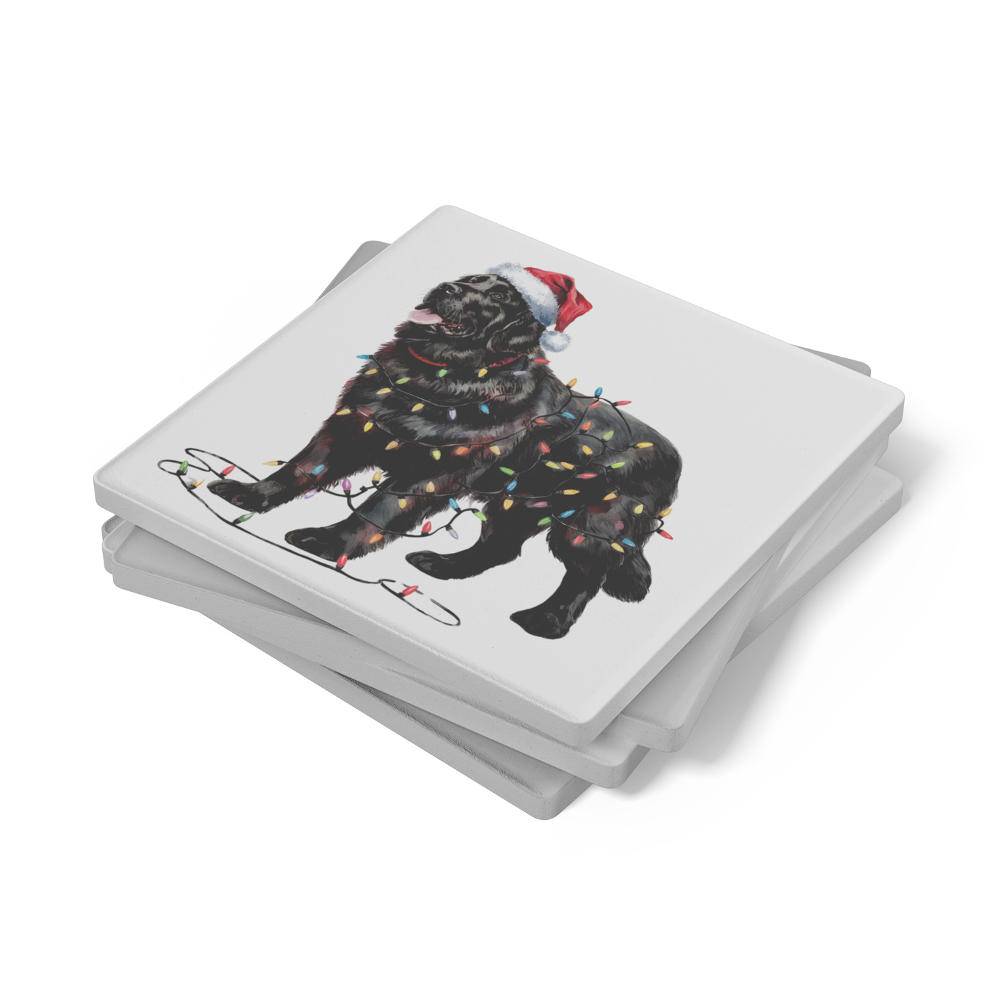 Black Newfoundland Christmas lights Dog Coasters