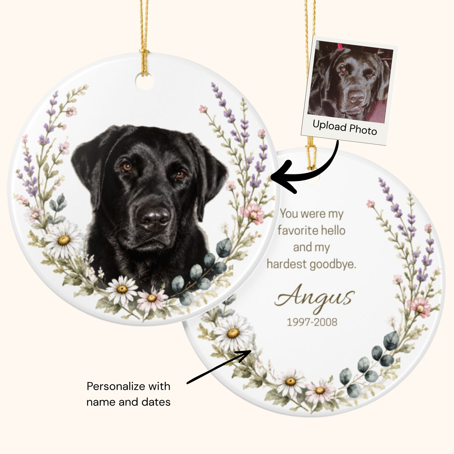 Personalized Pet Memorial Ornament, Custom Wildflower Dog Photo Hardest Goodbye Keepsake