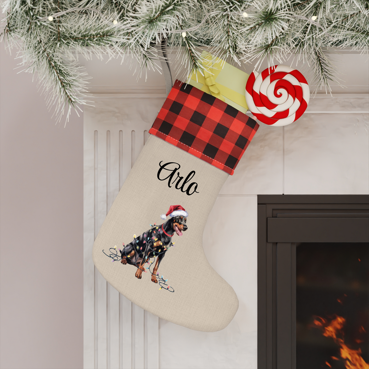 Personalized Doberman Pinscher Christmas Stocking, Holiday Decor Gift for Pet Lovers