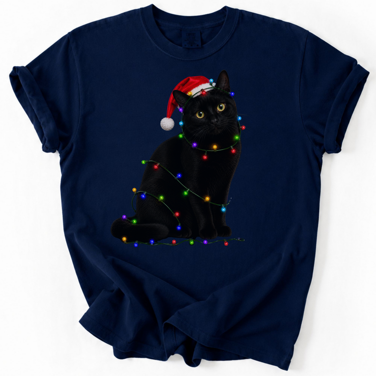 Black Cat Christmas Lights Shirt, Comfort Colors Holiday Cat Lover Tee