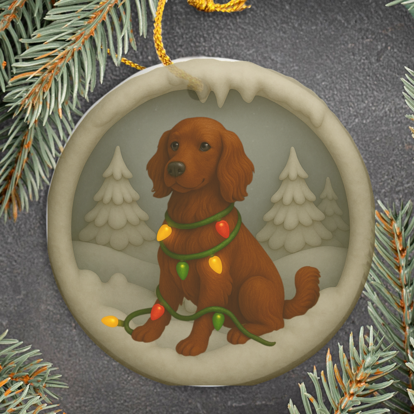 Personalized Irish Setter Christmas Ornament, 3D Clay-Style Dog Keepsake with Lights
