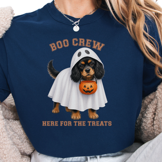 Black & Tan Cavalier Boo Crew Halloween Shirt, Here for the Treats Dog Mom Tee