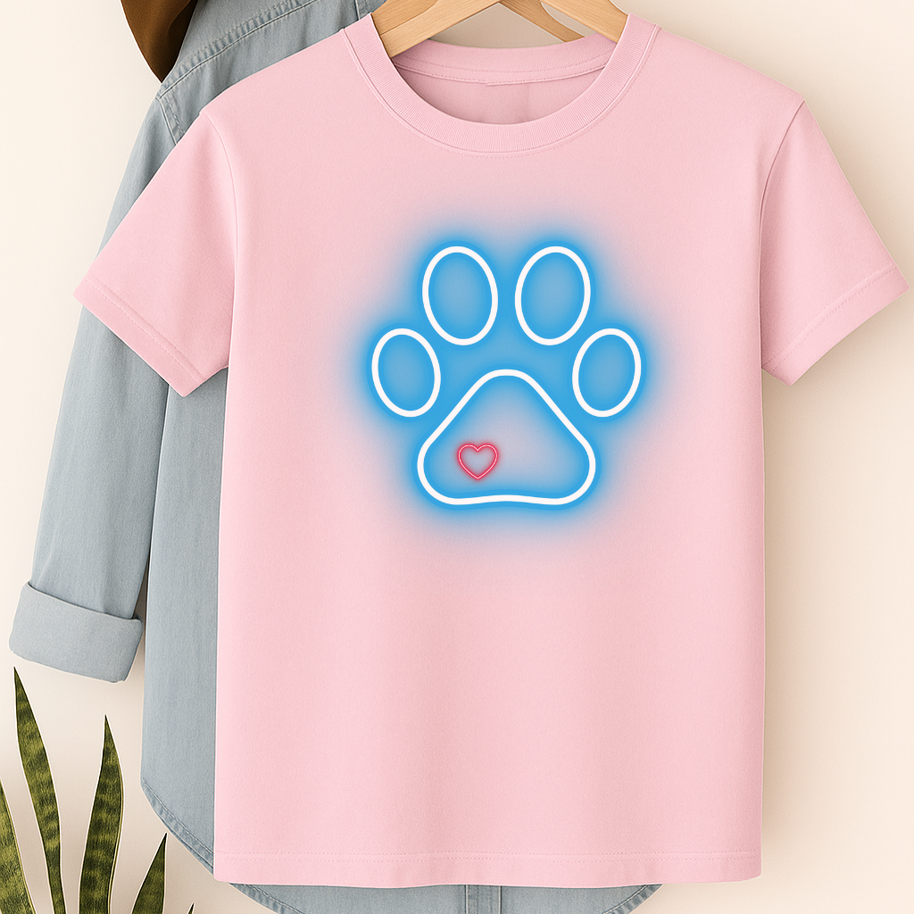 Neon Paw Print T-Shirt – Glowing Dog Lover Tee with Heart for Pet Parents & Animal Fans