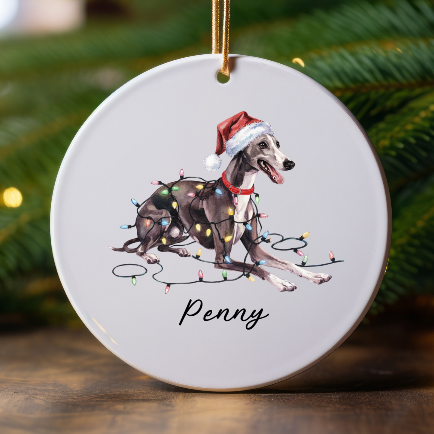 Personalized Greyhound Christmas Ornament, Ceramic Dog Lover Gift, Holiday Pet Keepsake