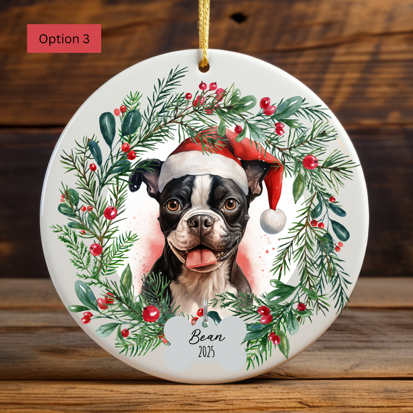 Personalized Boston Terrier Christmas Wreath Ornament