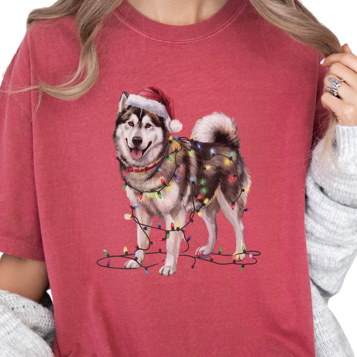 Alaskan Malamute Christmas Lights Dog Shirt, Festive Mally Holiday Tee for Dog Lovers