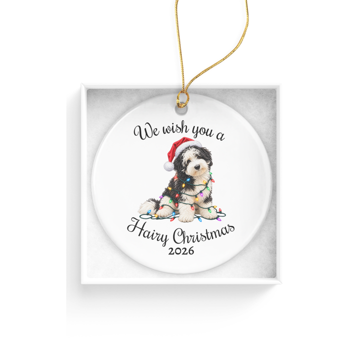 Sheepadoodle Christmas Ornament, Personalized Year Ceramic Keepsake, Hairy Christmas Doodle Gift