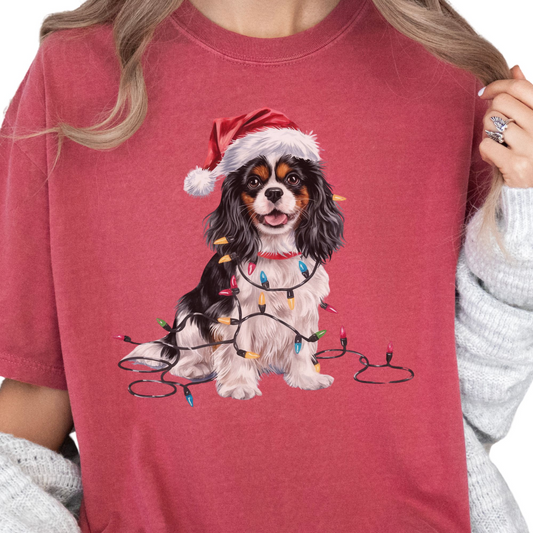 Tri-Color Cavalier King Charles Spaniel Christmas T-Shirt, Festive Dog Lover Holiday Gift, Santa Hat Dog Tee, Cute Cavalier Art