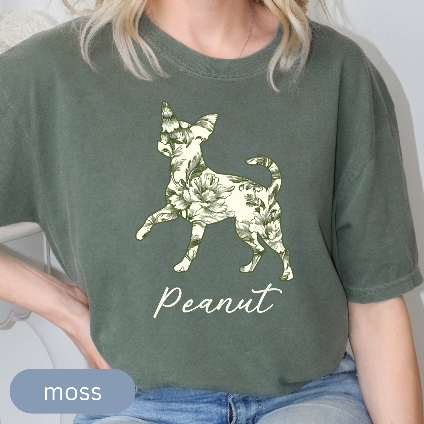 Personalized Chihuahua Silhouette Shirt with Name, Custom Floral Pet T-Shirt Gift for Dog Lovers, Toile Comfort Color Tee, Chinoiserie Shirt