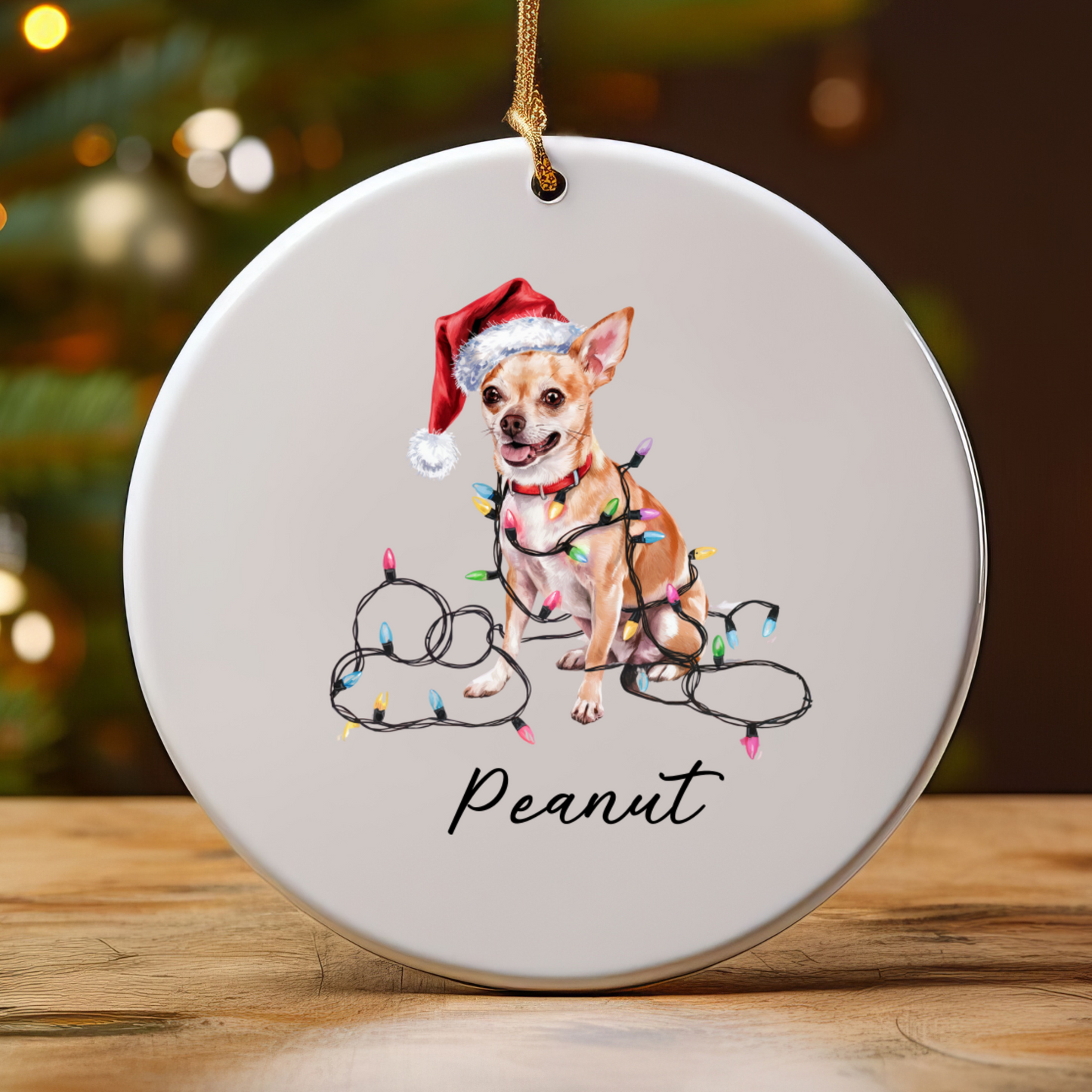 Personalized Tan Chihuahua Christmas Ornament, Custom Dog Name Holiday Keepsake, Ceramic Decor