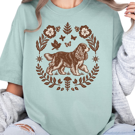 Cocker Spaniel Comfort Colors Shirt, Folk Art Tee, Vintage Floral Spaniel Lover Gift