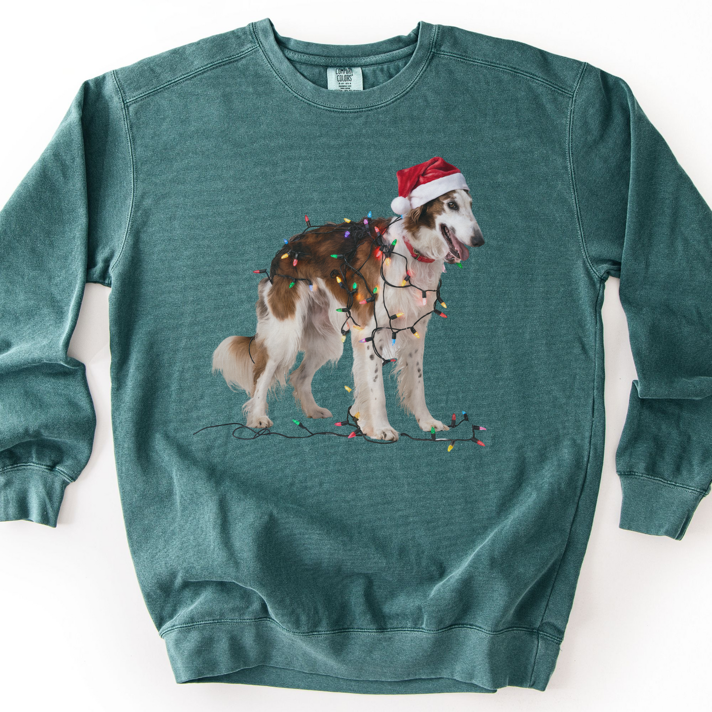 Christmas Borzoi Sweatshirt, Dog Wrapped in Lights, Festive Dog Lover Apparel