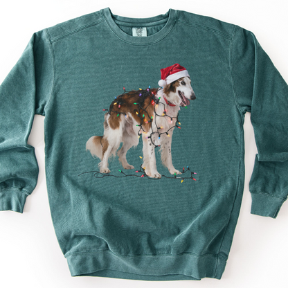 Christmas Borzoi Sweatshirt, Dog Wrapped in Lights, Festive Dog Lover Apparel