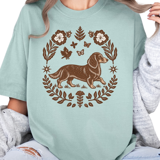 Red Dachshund Comfort Colors Shirt, Folk Art Doxie Tee, Vintage Wiener Dog Gift