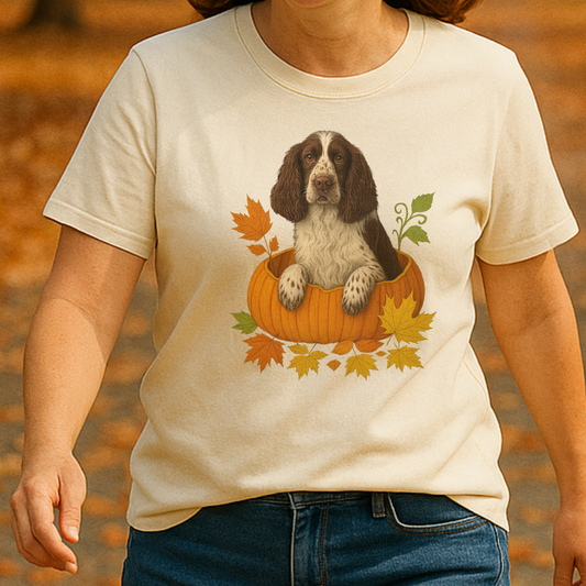 English Springer Spaniel in Pumpkin Fall Shirt, Cute Autumn Dog Tee for Spaniel Lovers