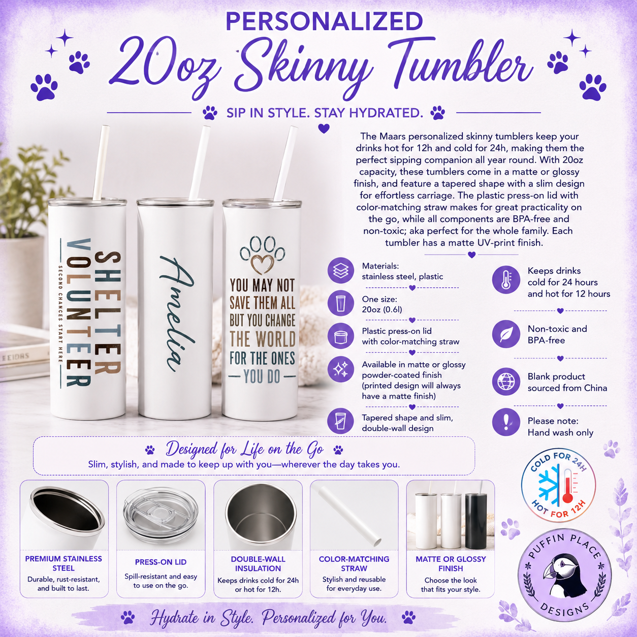 Personalized Animal Shelter Volunteer Tumbler, Rescue Volunteer Gift, 20oz Skinny Tumbler