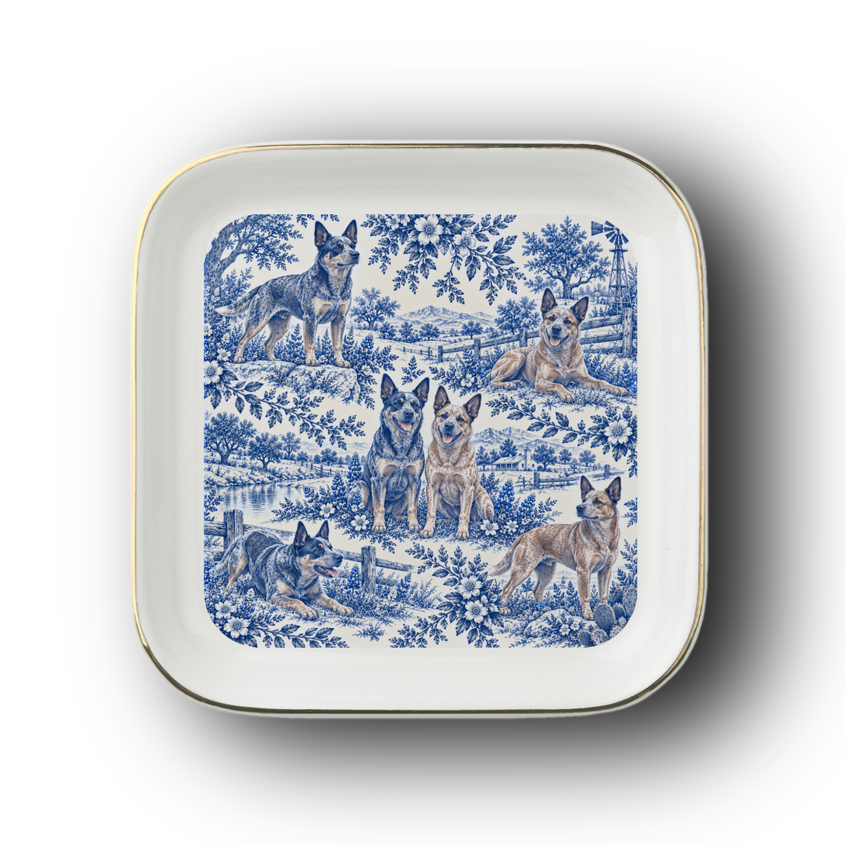 Australian Cattle Dog Blue Toile Jewelry Dish, Vintage Blue Heeler Trinket Tray Gift