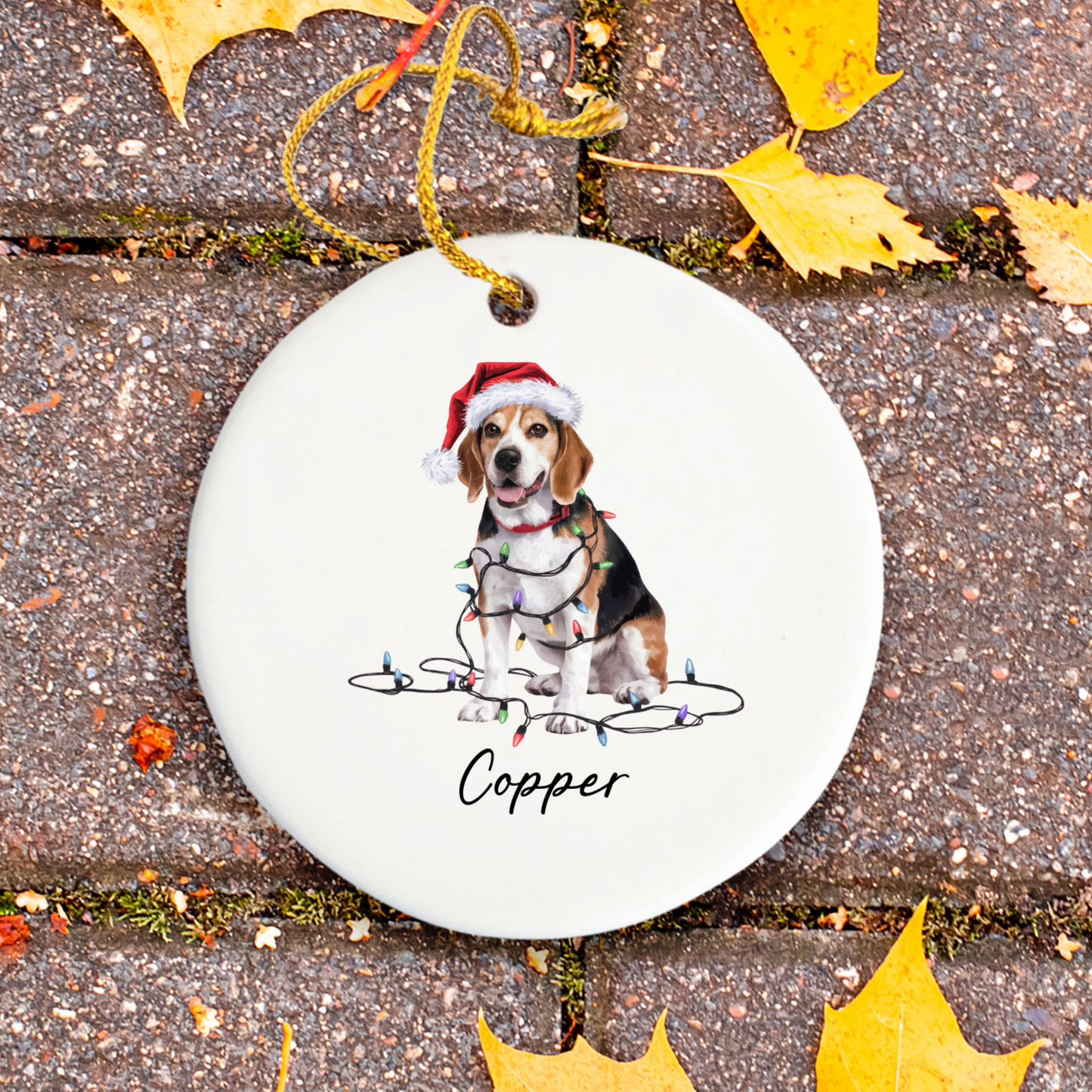 Personalized Beagle Christmas Ornament, Ceramic Dog Holiday Keepsake, Santa Hat Lights Beagle