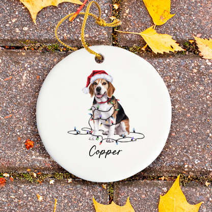 Personalized Beagle Christmas Ornament, Ceramic Dog Holiday Keepsake, Santa Hat Lights Beagle
