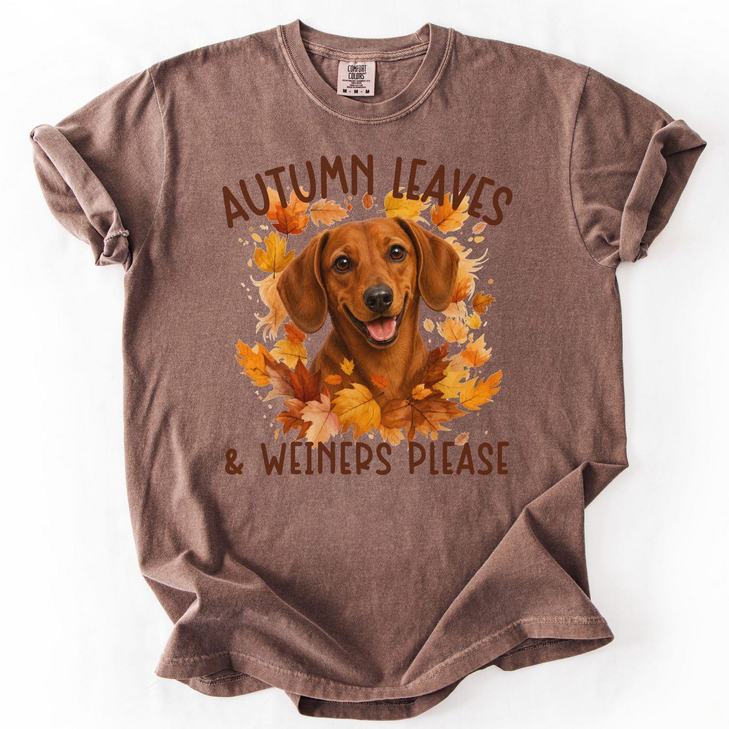 Red Dachshund Mom Fall Shirt, Autumn Leaves & Dachshunds Please